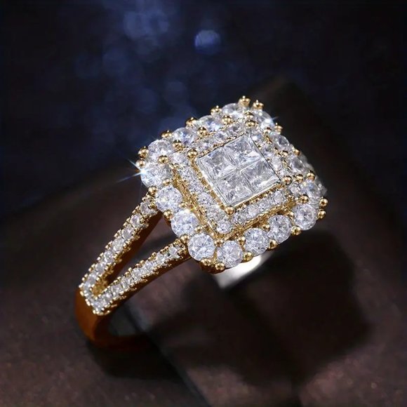 Zircon Decor Ring Square Shape Shiny Ring Bridal Wedding Ring Anniversary Gift - Picture 1 of 2